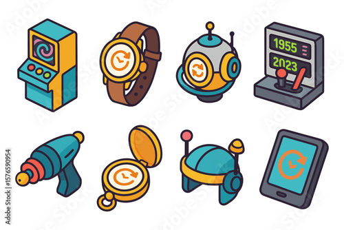 Futuristic retro gadgets collection in vibrant isometric style