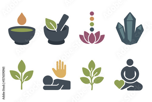 Holistic wellness icons: spa, meditation, healing, and nature symbols