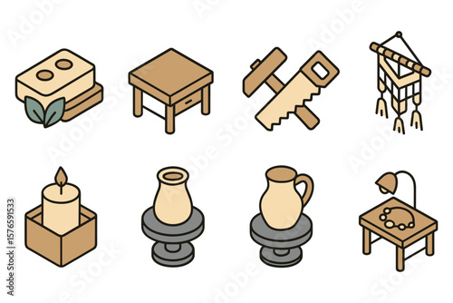 Isometric home decor icons: craftsmanship and style in warm tones
