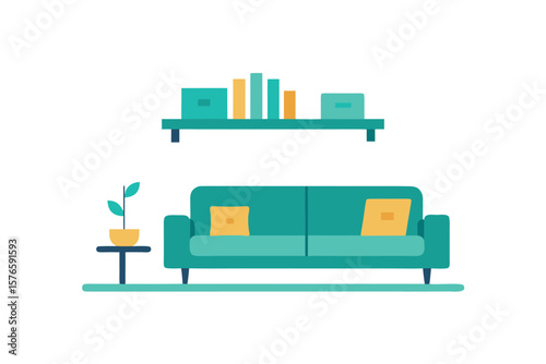 Minimalist Living Room Setup With Teal Sofa And Floor Lamp