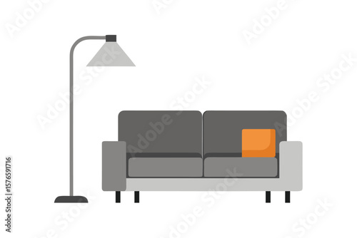 Living Room Interior With Grey Sectional And Floor Lamp
