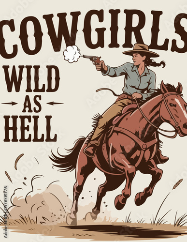 Vintage Cowgirl on Bucking Horse – Wild Western Poster Style Illustration


