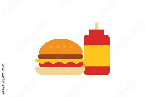 Hamburger And Ketchup Bottle Icon Flat Style On White Background