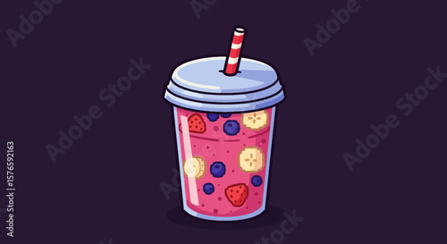 Delicious Berry Banana Smoothie in a To-Go Cup Refreshing Summer Drink Illustration