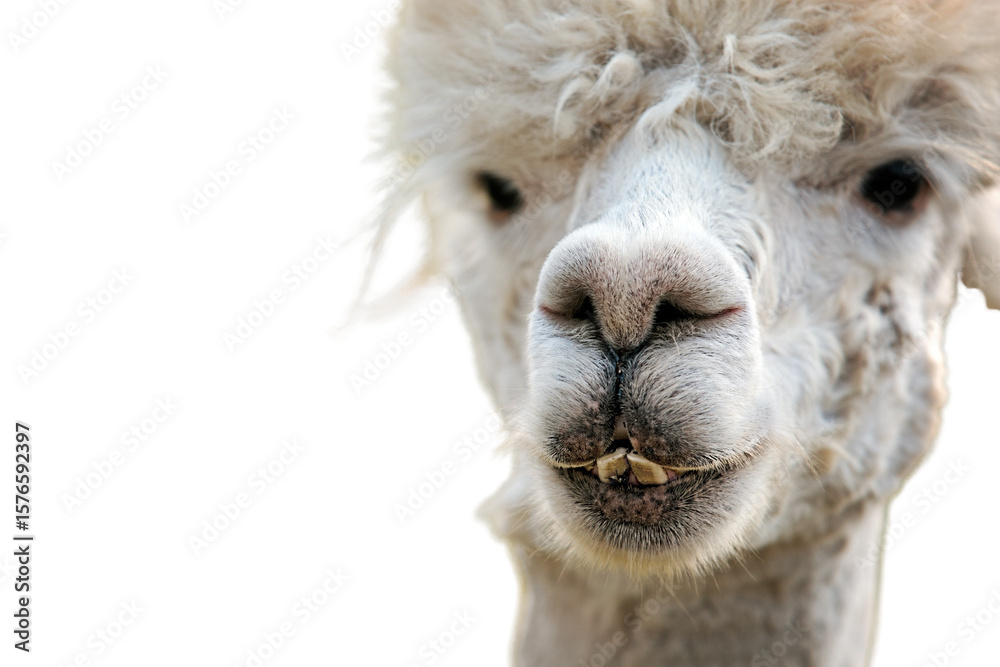 Fototapeta premium Isolated PNG of a white alpaca head with messy fur and crooked teeth, showing quirky charm and crisp detail, ideal for humorous designs or animal-themed projects.
