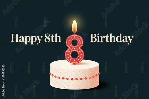 A birthday cake with a number eight candle and happy birthday text on dark background