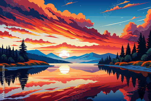 Beautiful lake view at sunset, Valdis Lake in Turna Latvia, calm water reflection, scenic sky with clouds, peaceful nature, outdoor travel scene, serene landscape