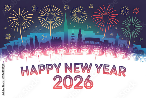 A cityscape silhouette with fireworks and happy new year text for year twenty twenty six