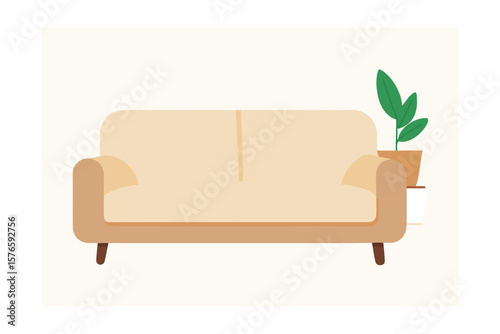 Flat Vector Of Stylish Beige Couch With Potted Plant On White
