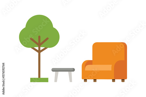 Flat Vector Of Lounge Chair With Ottoman And Indoor Setting On White