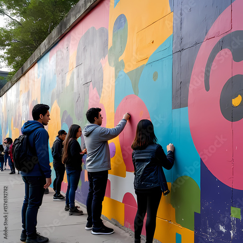A group of people creating a mural on a city wall for a community art and culture project.