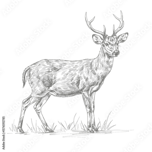 Philippine Deer – Rusa marianna. Title :
Playful feline sketch sitting calmly on plain white background. Wildlife illustration concept