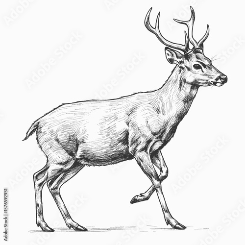 Philippine Deer – Rusa marianna. Title :
Playful feline sketch sitting calmly on plain white background. Wildlife illustration concept