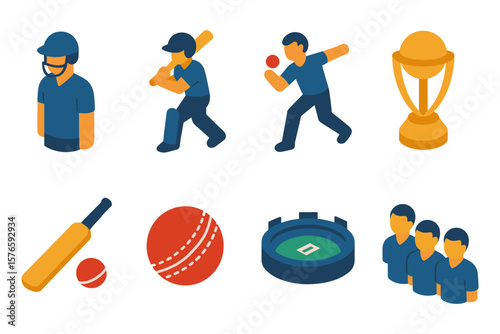 Isometric cricket icons: batting, bowling, trophy, stadium, and team