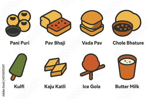 Popular indian snacks and sweets icons: vibrant flat design collection