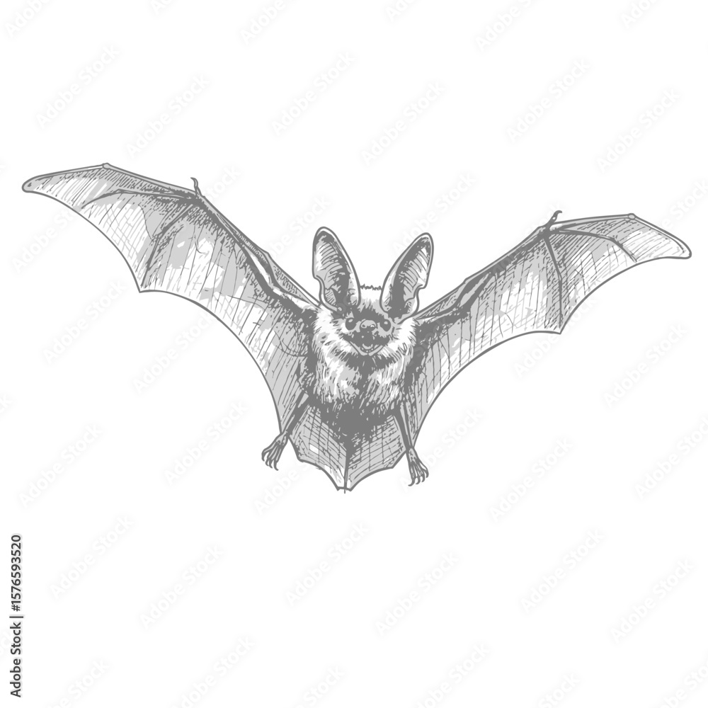 Fototapeta premium Ozark BigEared Bat- Corynorhinus townsendii ingens. Bat head sketch illustrated with large ears and detailed fur texture in monochrome style. Animal illustration concept 