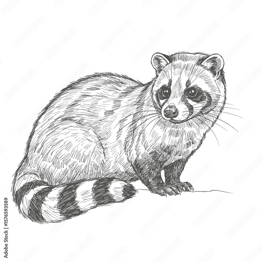 Obraz premium Otter Civet – Cynogale bennettii. Raccoon sketch sitting calmly with striped tail and detailed fur texture. Animal illustration concept 