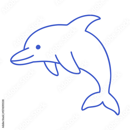 Jumping dolphin in marine blue line art style. Hand drawn marine icon. Outline vector isolated illustration. 