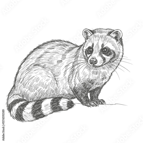 Otter Civet – Cynogale bennettii. Raccoon sketch sitting calmly with striped tail and detailed fur texture. Animal illustration concept
