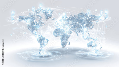 Vector illustration of glowing digital world map with global connections and location pins for presentations