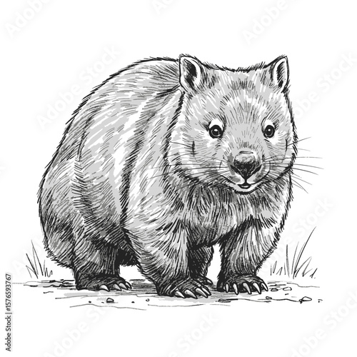 Northern Hairy-nosed Wombat – Lasiorhinus krefftii. Wombat sketch standing on ground illustrated with detailed fur and natural posture. Animal illustration concept
