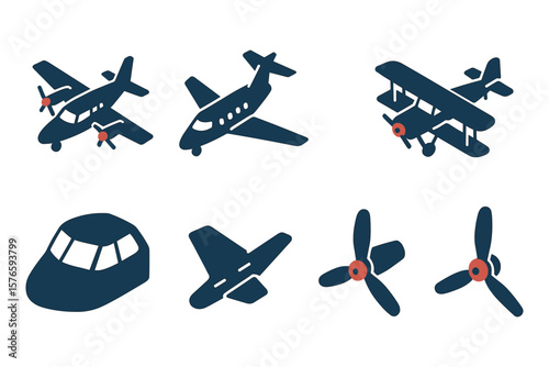 Isometric airplane icons set featuring propellers and cockpit views