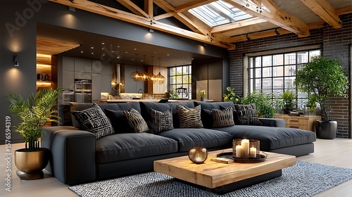 Stylish interior with wooden ceiling beams high resolution photo