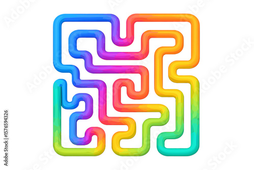 Abstract 3D labyrinth with colorful rainbow gradient path. Maze concept for complexity, problem-solving, journey and finding a solution. Modern fluid design vector graphic icon.