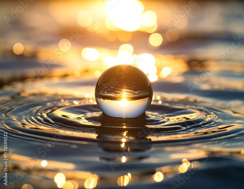 Crystal sphere on rippled water at sunset