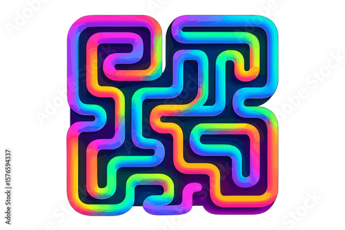 Abstract colorful neon labyrinth concept. 3D gradient rainbow line shapes. Fluid design for complex problem solving. Multicolored geometric maze stripes for creative journey.