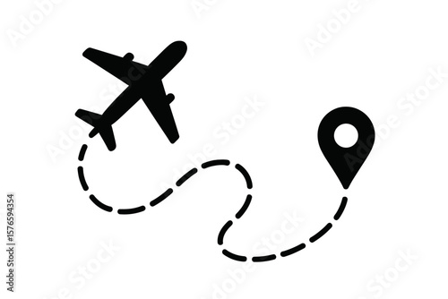 Airplane flight path with location pin. Travel by air concept. Journey destination. Airline route to point. Navigation track. Dashed line trip. Start and end symbol.