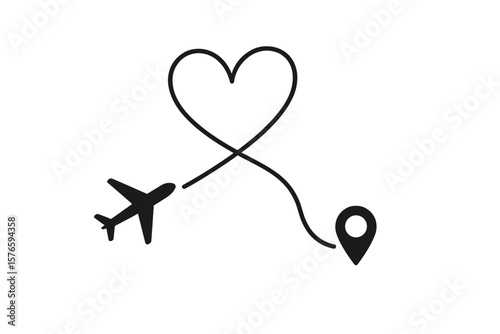 Love travel concept. Airplane flight route with heart shaped trail and destination pin. Romantic journey, honeymoon vacation, valentine's day trip. Vector line path icon.