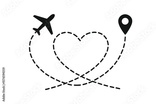 Airplane flight route in heart shape. Love travel concept. Plane and destination location pin icon with heart path. Romantic vacation journey symbol. Vector illustration.