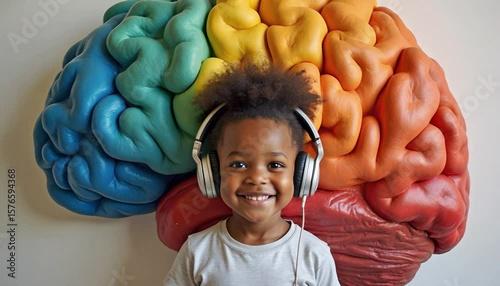 Autistic smiling child stands in front of a large colorful rainbow brain wearing headphones symbolizing neurodiversity neurodivergent support therapy inclusion and learning development