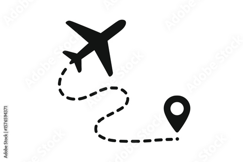 Airplane route with start and finish points. Flight path with destination pin. Tourism journey concept. Travel by air. Airline vacation trip. Navigation and tracking icon.