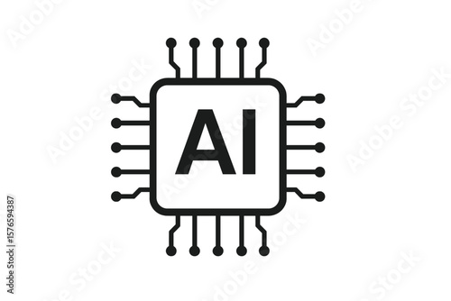 AI processor chip icon. Artificial intelligence technology concept. CPU microprocessor hardware symbol. Machine learning, neural network, data processing vector logo graphic element.