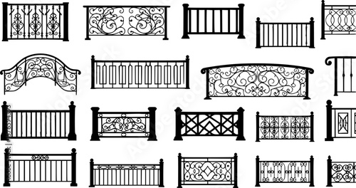 vector set of Seamless illustration of different railings isolated on white
