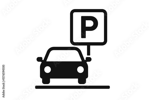 Car parking icon. Vector illustration of a vehicle in a parking lot. Park sign symbol for transport and traffic. Simple flat pictogram for web, app, or print design. Auto service.