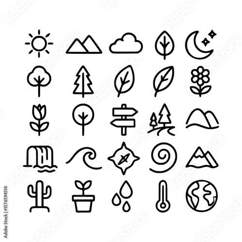 Nature and Environment Line Icons Set – Minimalist Outdoor and Eco Symbol Vector Collection