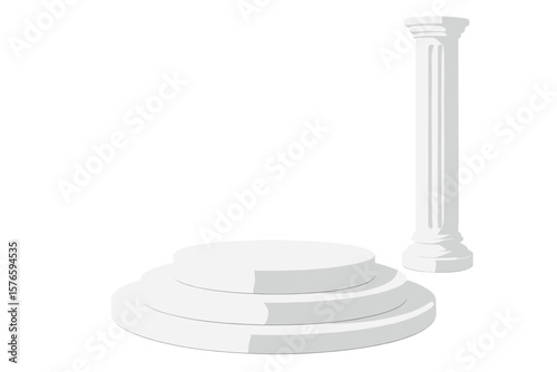 3D render of a white round podium for product display. Minimalist empty stage with a classic ancient Greek column. Pedestal for presentations, awards, and cosmetic showcases.