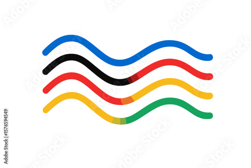 Abstract Olympic Games symbol. Five wavy lines in classic colors. Metaphor for international sports competition, global unity and the five continents. Modern vector logo icon.