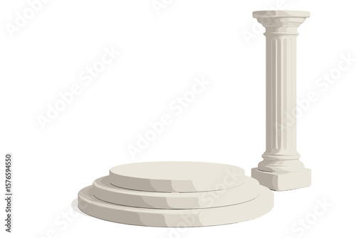 3D render classic column and round tiered podium. White pedestal stage for product display. Mockup for presentation, cosmetic showcase. Minimal scene, empty platform stand.