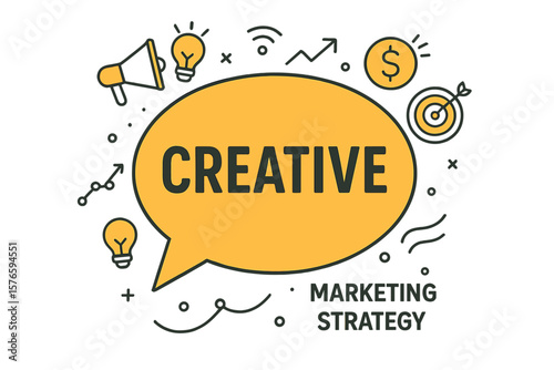 Creative marketing strategy concept. Business communication and advertising innovation. Idea generation for consumer engagement. Megaphone announcement, financial goal and target.
