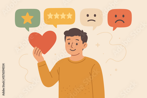 Customer feedback concept with man holding heart. User experience and service satisfaction review. Client giving star rating, opinion and evaluation. Choose emotion.