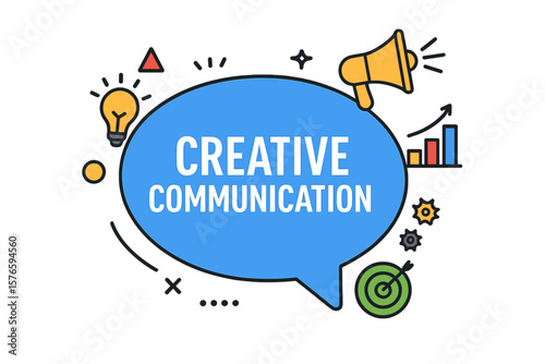 Creative communication concept. Marketing strategy and advertising innovation. Business idea for consumer engagement. Speech bubble with megaphone, target, and growth chart icons.
