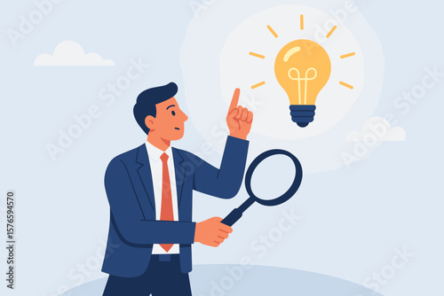 Businessman with magnifying glass finds a solution, a glowing idea light bulb. Concept of discovery, insight, innovation, research, new opportunity and business strategy.