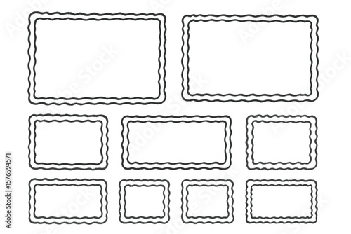 Set of hand drawn doodle frames. Wavy squiggle border collection for design. Decorative rectangular label or tag template. Vintage retro stamp effect for cards and photos.