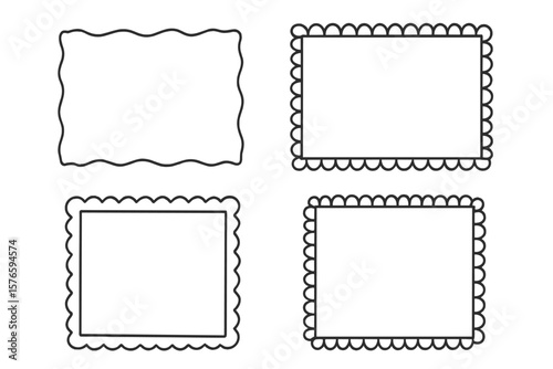 Doodle hand drawn frames set. Border stamp decor. Wavy scalloped borders decoration for greeting cards, photos. Sketchy scrapbook rectangular label. Cute vector elements.