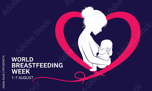 Illustration of august mother breastfeeding baby inside heart for world breastfeeding week awareness poster