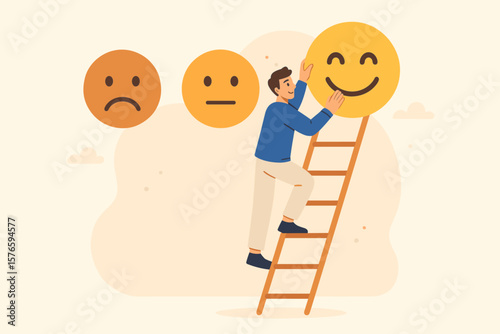 Customer satisfaction rating concept. Man on ladder gives positive feedback. Excellent service review. Client experience vote. Quality survey with happy smile emoji emoticon.